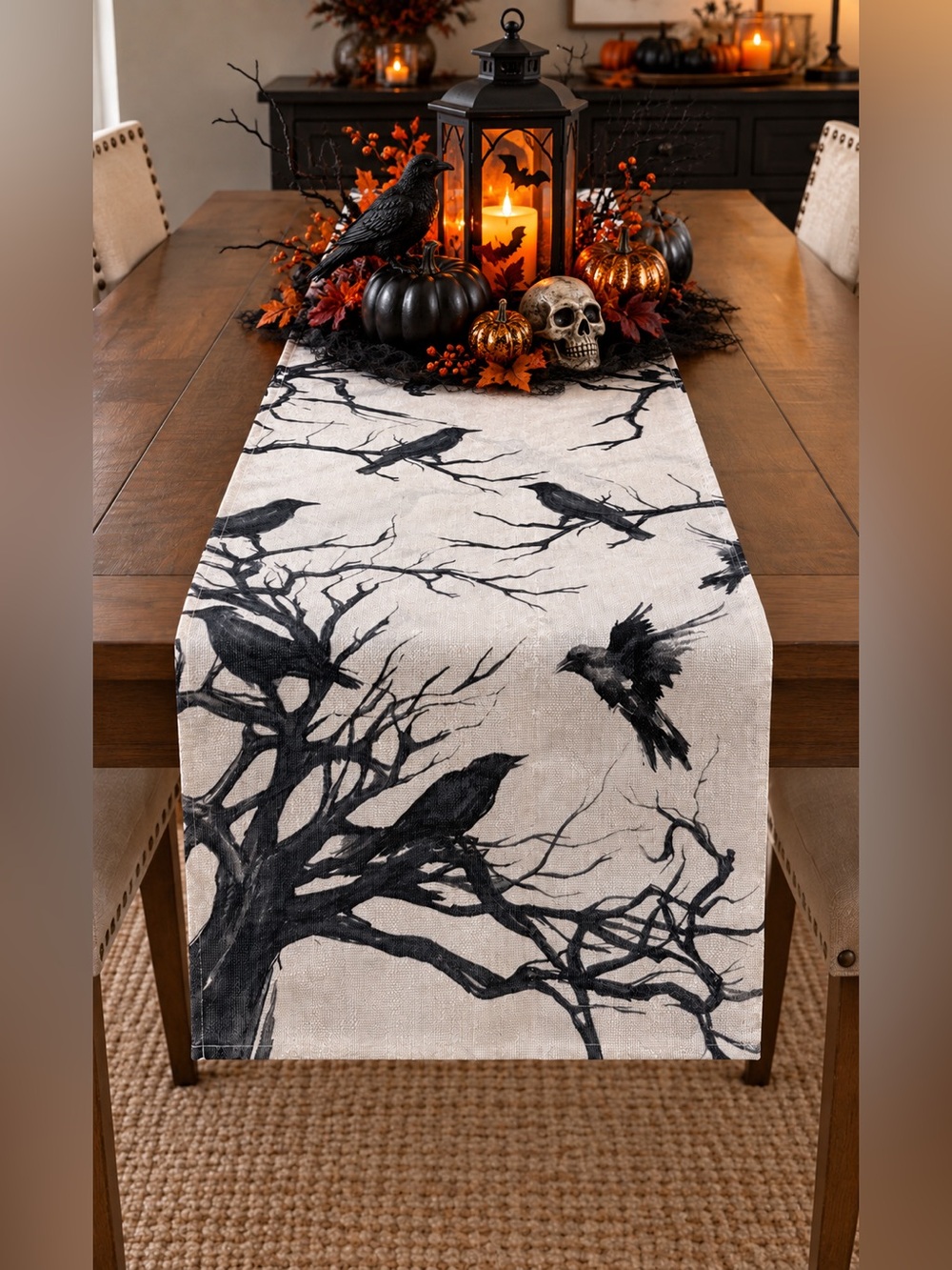 Halloween Raven Table Runner - Black on Cream